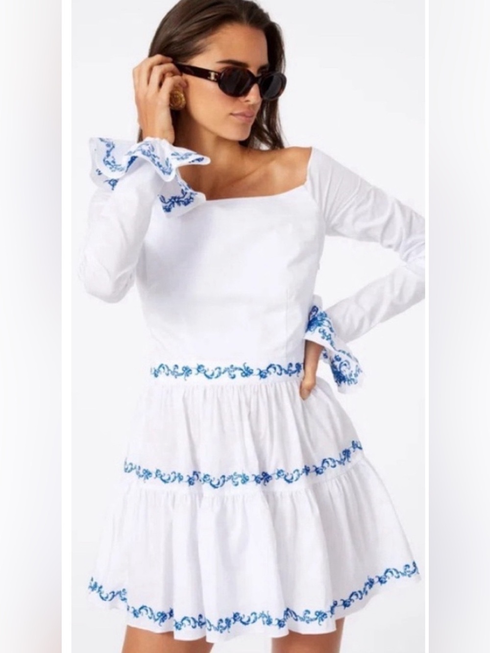 Caroline Constas Off-Shoulder Lennon Mini Dress in White Blue Embroidery size L